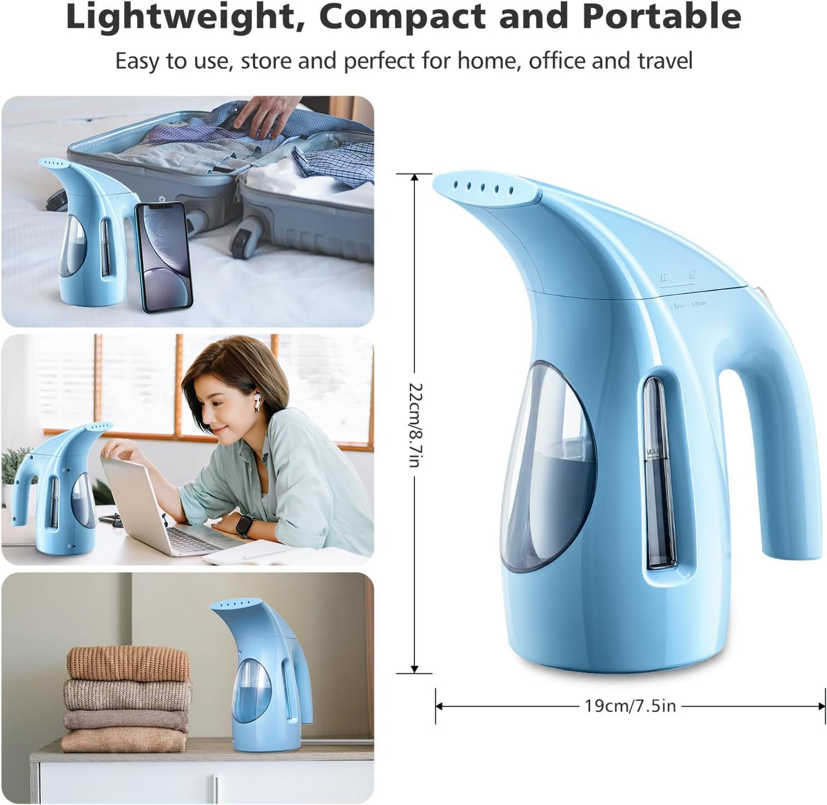 HiLIFE Steamer for Clothes, Portable Handheld Design, 240ml Big Capacity, 700W, Strong Penetrating Steam, Removes Wrinkle, for Home, Office(ONLY FOR 120V) (Sky Blue)