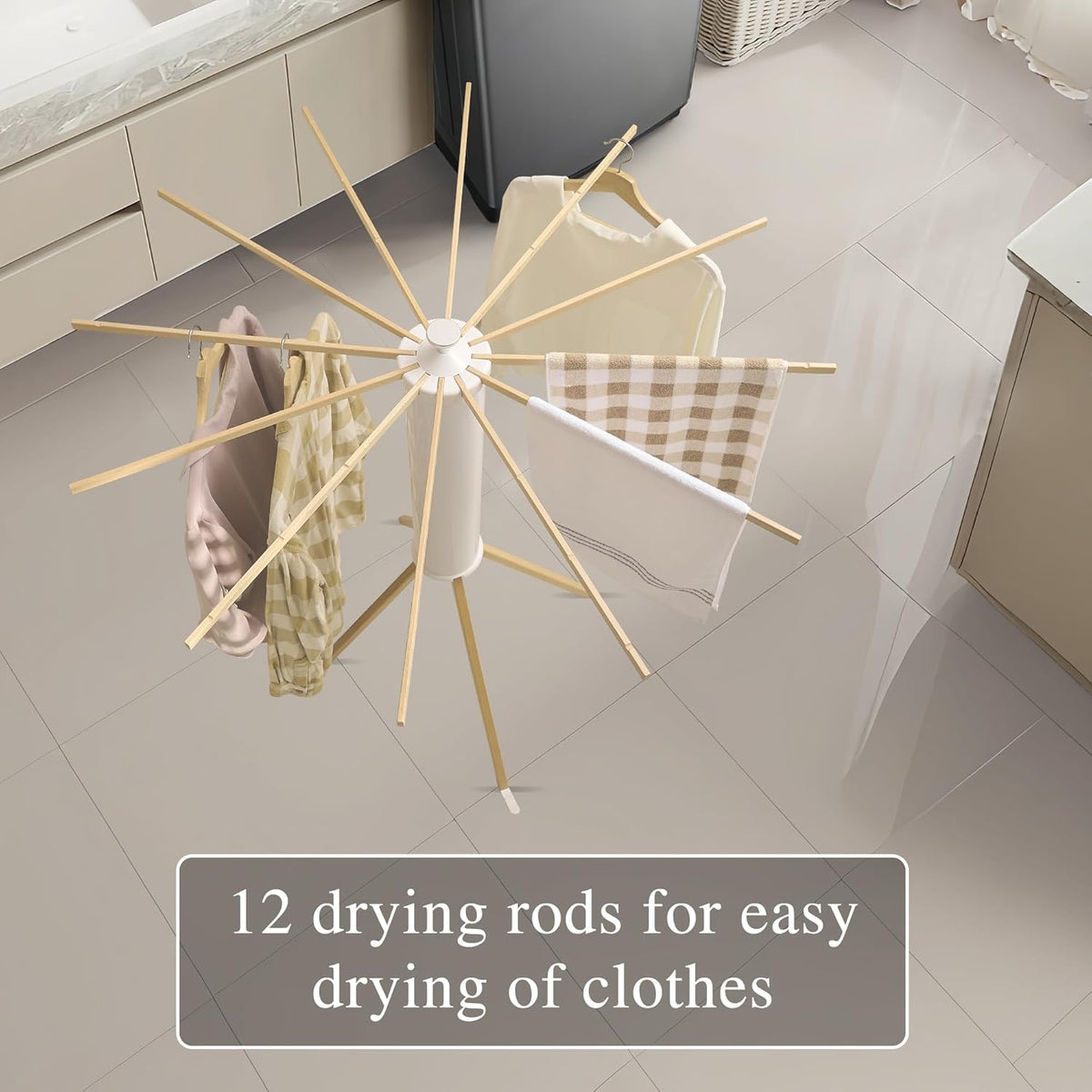 LEQ Drying Rack Portable,Foldable Drying Rack Clothing with 12 Wood Drying Arms, Standing Laundry Hanger Rack Round Collapsible & Portable Handle for Laundry Room, Balcony, Bedroom, RV