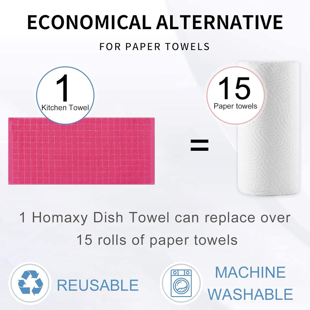 Homaxy 100% Cotton Terry Kitchen Towels(Rose Red, 13 x 28 inches), Checkered Designed, Soft and Super Absorbent Dish Towels, 4 Pack