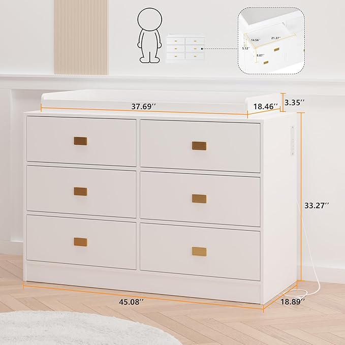 Dresser for Bedroom with 6 Drawers, Changing Table Dresser with Power Outlets, Soft Changing Pad & Removable Top, Baby Dresser with Changing Table Top for Nursery, White