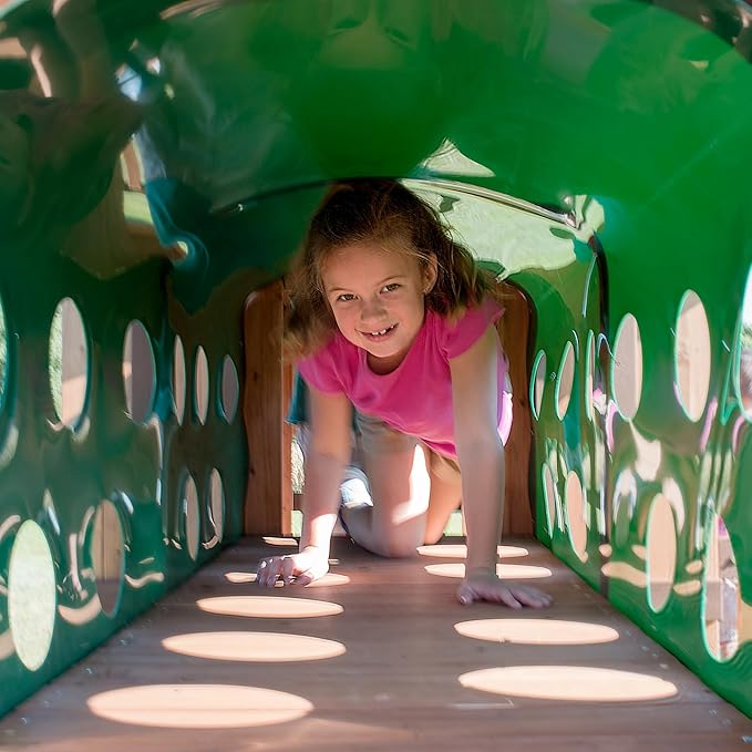 Backyard Discovery Woodridge Elite Cedar Wood Swing Set with Wave Slide, Clubhouse, Crawl Tunnel, Crow's Nest, Belt Swings, Trapeze, Rock Wall Ladder, Sandbox, Wrap-Around Porch, Deck, Outdoor Playset