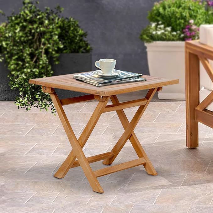 OTSUN Wooden Side Table, Teak Wood Small Table for Indoor & Outdoor Use, Compact Patio Side Tables or Outdoor End Tables for Garden, Deck, or Balcony