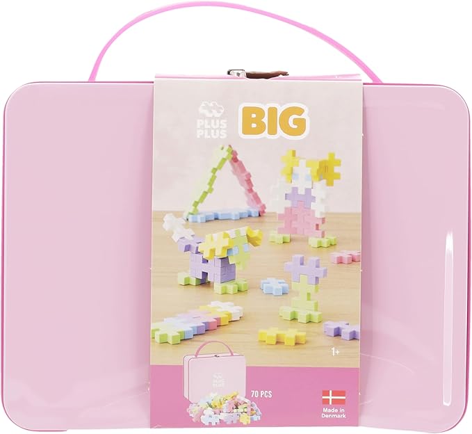 PLUS PLUS Building Set with Metal Suitcase, Open Ended Stem Toy for Toddlers and Preschool, 70 Big Pastel Interlocking Pieces