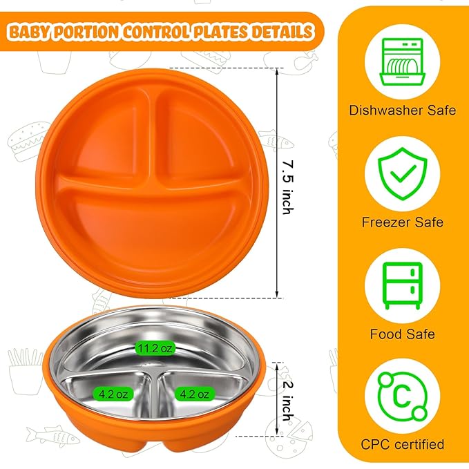 Nuogo 2 Pcs Stainless Steel Baby Suction Plates with Removable Silicone Shell 2-in-1 Metal Toddler Bowl Divided for Picky Eaters Kids Feeding Led Weaning Supplies, Dishwasher Safe (Orange,Red)