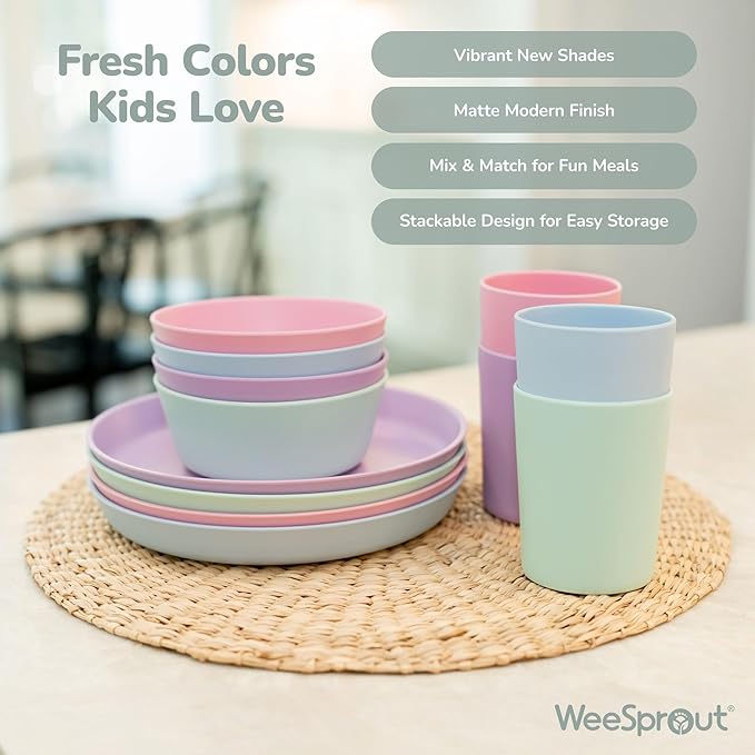 WeeSprout Bamboo Kids Bowls with Lids, Set of Four 10 oz Kid-Sized Dinnerware, Cereal, Leftovers & Snack Bowl, Dishwasher Safe (Blue, Green, Gray, & Beige)