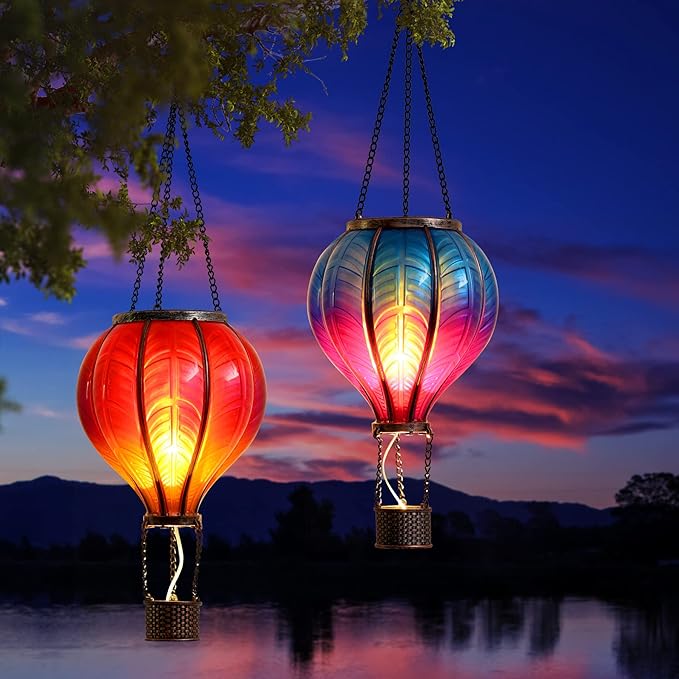 TERESA'S COLLECTIONS 2 Pcs Hot Air Balloon Solar Lantern Outdoor Garden Decor, Waterproof Hanging Solar Lantern with Flickering Flame Light for Yard Tree,Gift for Mom Lovers,18"