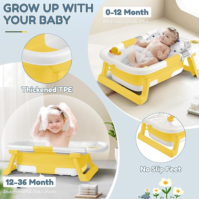 Collapsible Baby Bathtub,Baby Bath Tub with Thermometer & Soft Cushion,Baby Bathtub for Newborn to Toddler 0-36 Months,Portable Travel Baby Tub with No-Slip Feet,Baby Shower Gifts,Yellow