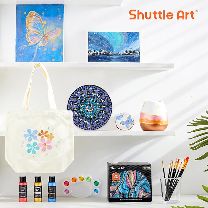 Shuttle Art Metallic Acrylic Paint Set, 20 Colors Metallic Paint in Bottles (60ml, 2oz) with 10 Brushes and 1 Palette, Rich Pigments, Non-Toxic for Artists, Beginners on Rocks Crafts CanvasWood Fabric