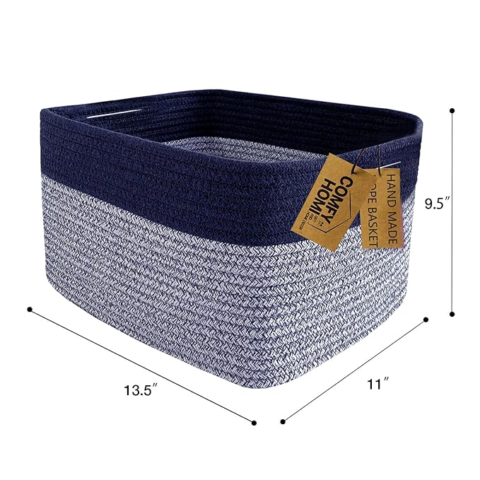COMFY-HOMI 3PACK Rectangular Cotton Rope Basket With Handles for Shelves|Dog Toy|Baby Gift - Dark Blue (13.5" x 11" x 9.5")