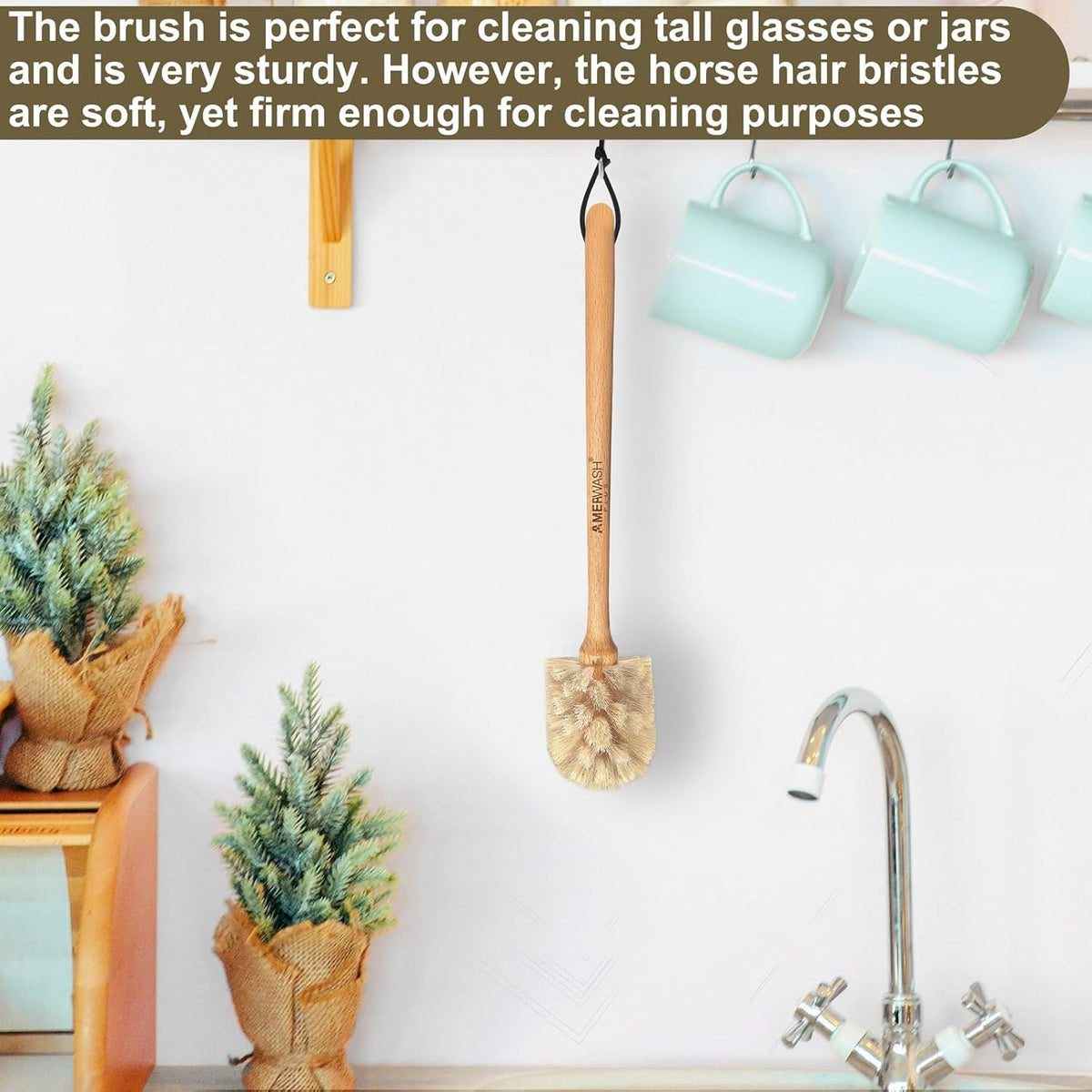 Bottle Brush Cleaner with Horsehair Bristles, 13-3/4 Inch Long Wood Handle Natural Cleaning Brush Cleans and Scrubs Wide Mouth Jars, Glasses, Vases, Mugs and Pitchers