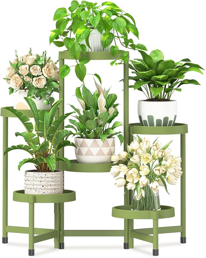 iDavosic.ly 6 Tier Folding Plant Stand Indoor Outdoor with Plastic Tray, Tiered Corner Flower Holder Shelf, Metal Orchid Display Rack for Patio Porch Living Room Garden Balcony, Green
