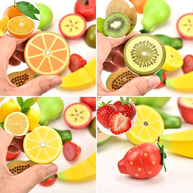 Wooden Toys for 2 Year Old - Pretend Play Food Set for Kids Play Kitchen,9 Cuttable Toy Fruit and Veg with Wooden Knif and Tray,Gift Idea for Boys Girls Birthday
