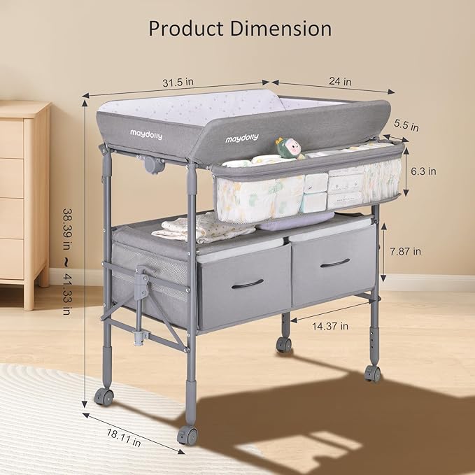 Maydolly Baby Changing Table, Portable Folding Changing Table with Wheels, Waterproof and Adjustable Height, Premium Diaper Changing Station with Two Drawers, Mobile Nursery for Newborn (Grey)