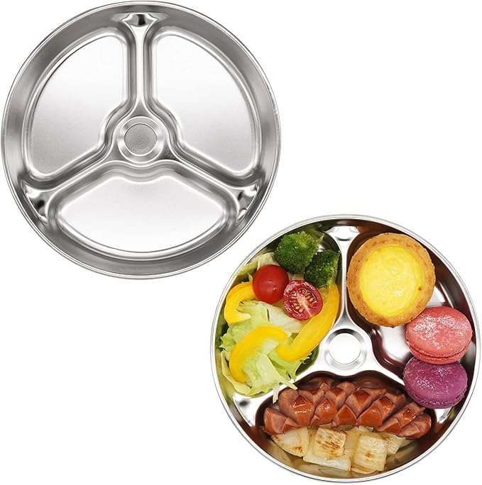 Korean Stainless Steel Divided Round Plates, Little Kids Toddlers Babies Tray, BPA Free, Diet Control, Camping Dishes, 8 Inch Compact Serving Platter, 3 Compartment Plate, Set of 2