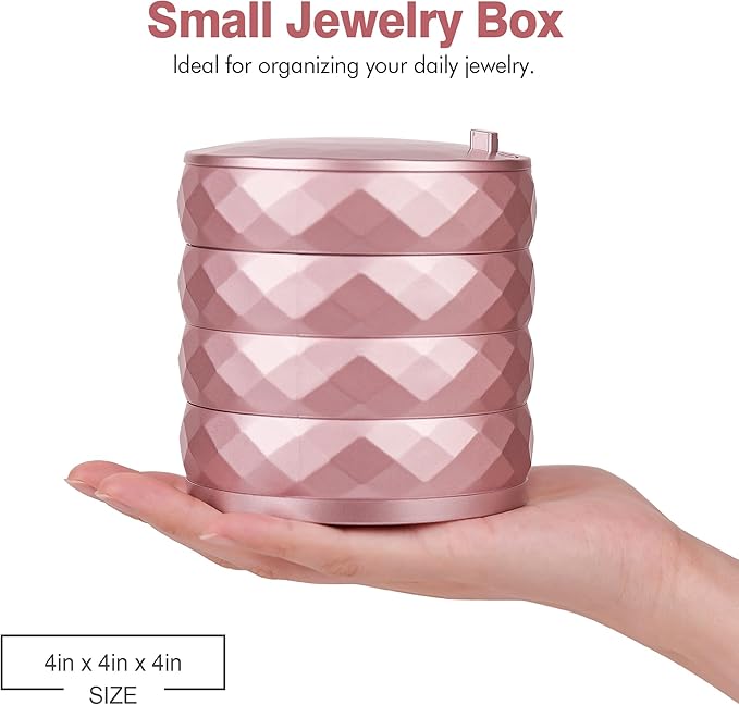 CONBOLA Travel Jewelry Case Box, Small Jewelry Organizer Earring Holder for Women, 5-Layer Rotating Jewelry Storage Tray with Lid for Bracelets Rings Bracelets