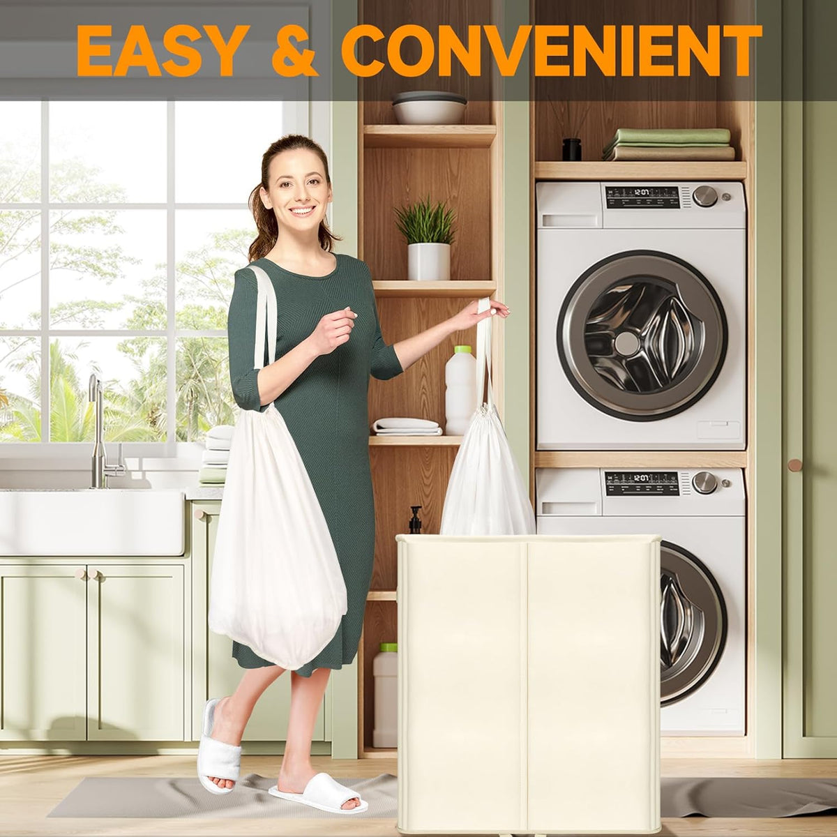 150L Double Laundry Hamper with Lid and Removable Bags,28in Tall Laundry Basket 2 Section,Large Dirty Clothes Hamper 2 Dividers for Bedroom,Laundry Room,Bathroom,Dorm Beige
