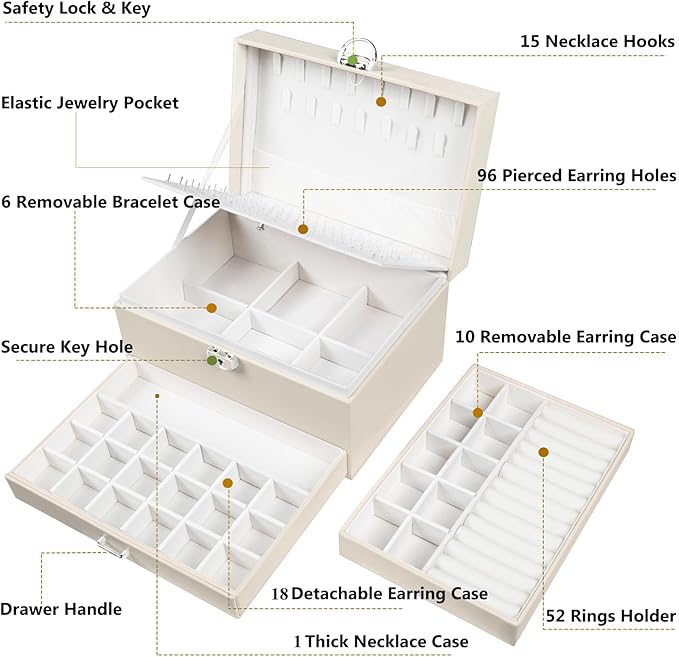 Earrings Jewelry Box for Girls, 5 Layers Jewelry Organizer with Earring Holder Organizer for Girls Earring Organizer Jewelry Boxes for Women Earrings and Necklaces Jewelry Box Organizer Beige