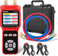 Digital Manifold Pressure Tester Gauge for HVAC, 2-Way AC Pressure Gauges with 2 Thermometer Clamps and 2 Hoses for Air Conditioner Performance Testing