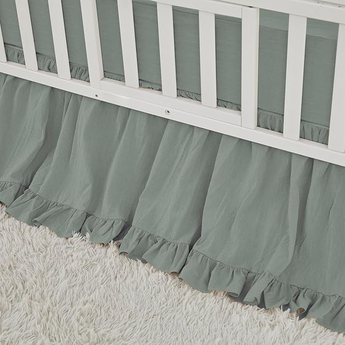 Brandream Gender Neutral Boho Bohemian Baby Girl Boy Nursery 3 Pieces Crib Bedding Set Solid Green Farmhouse Chic Ruffle Unisex Cozy 100% Washed Cotton