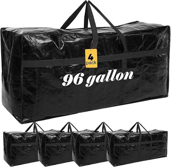 4 Pcs 96 Gallon Large Moving Bags with Zipper and Handles Foldable Storage Duffle Bags Heavy Duty Extra Large Totes for College Dorm Travel Clothes Blankets Bedding Moving (Black)