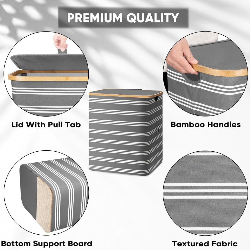 BALEINE Laundry Hamper with Lid, Tall Laundry Baskets with Bamboo Pull Handles, Large Laundry Bin with Internal Support (36 Gal/140L, Grey Pinstripe)