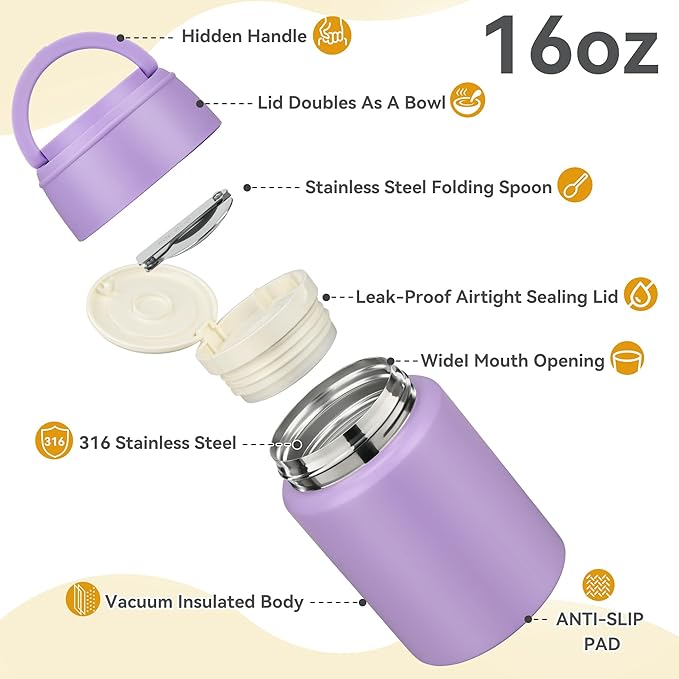 Soup Thermo for Hot Food Kids 16oz Insulated Food Jar Leakproof Thermo Lunch Container for Kids Wide-Mouth Stainless Steel Lunch Box for School with Handle Folding Spoon(3+)