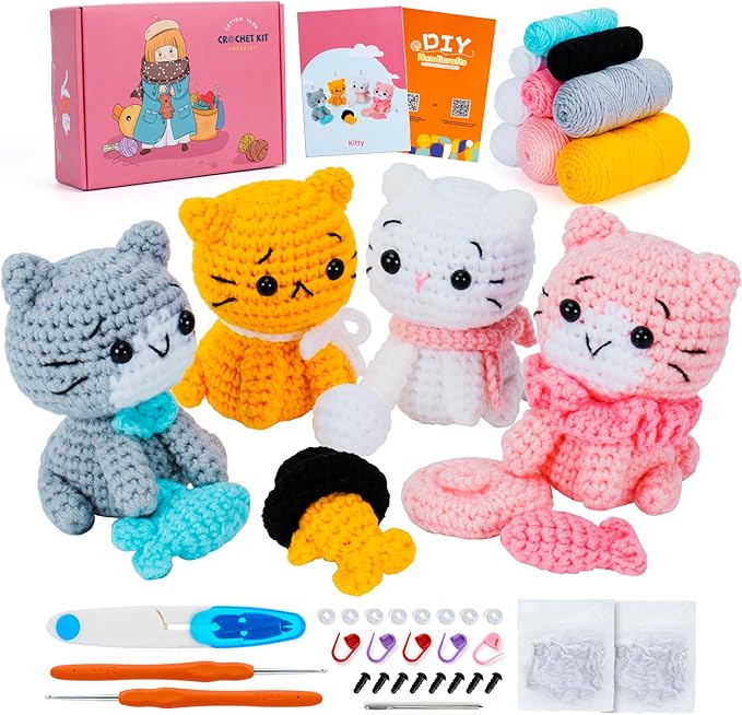Crochet Kit for Beginners - Cat Crochet Kit with Step-by-Step Video Tutorials, Learn to Crochet Kits for Adults and Kids, 4 PCS Crochet Animals Cat with Hat, Toy, Fish Crocheting Set