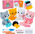 Crochet Kit for Beginners - Cat Crochet Kit with Step-by-Step Video Tutorials, Learn to Crochet Kits for Adults and Kids, 4 PCS Crochet Animals Cat with Hat, Toy, Fish Crocheting Set