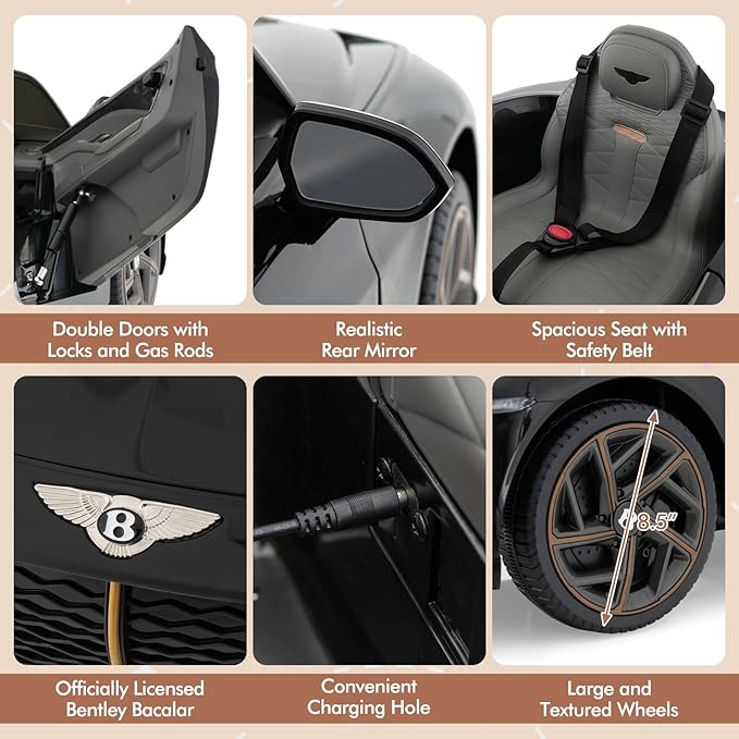 Costzon Ride on Car, 12V Licensed Bentley Bacalar Battery Powered Kids' Electric Vehicles w/Remote Control, Scissor Doors, Wireless Connection, Lights/Sound Effects, Kids Car Toys for Toddlers(Black)