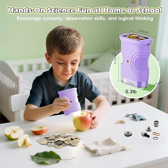 Kids Digital Microscope 1000X Zoom, Mini Pocket Handheld Microscope with Camera/Video/Telescope Function, Portable Outdoor Travel Toys for Boys Girls 3-8 Years STEM Gifts, 8GB SD Card Included