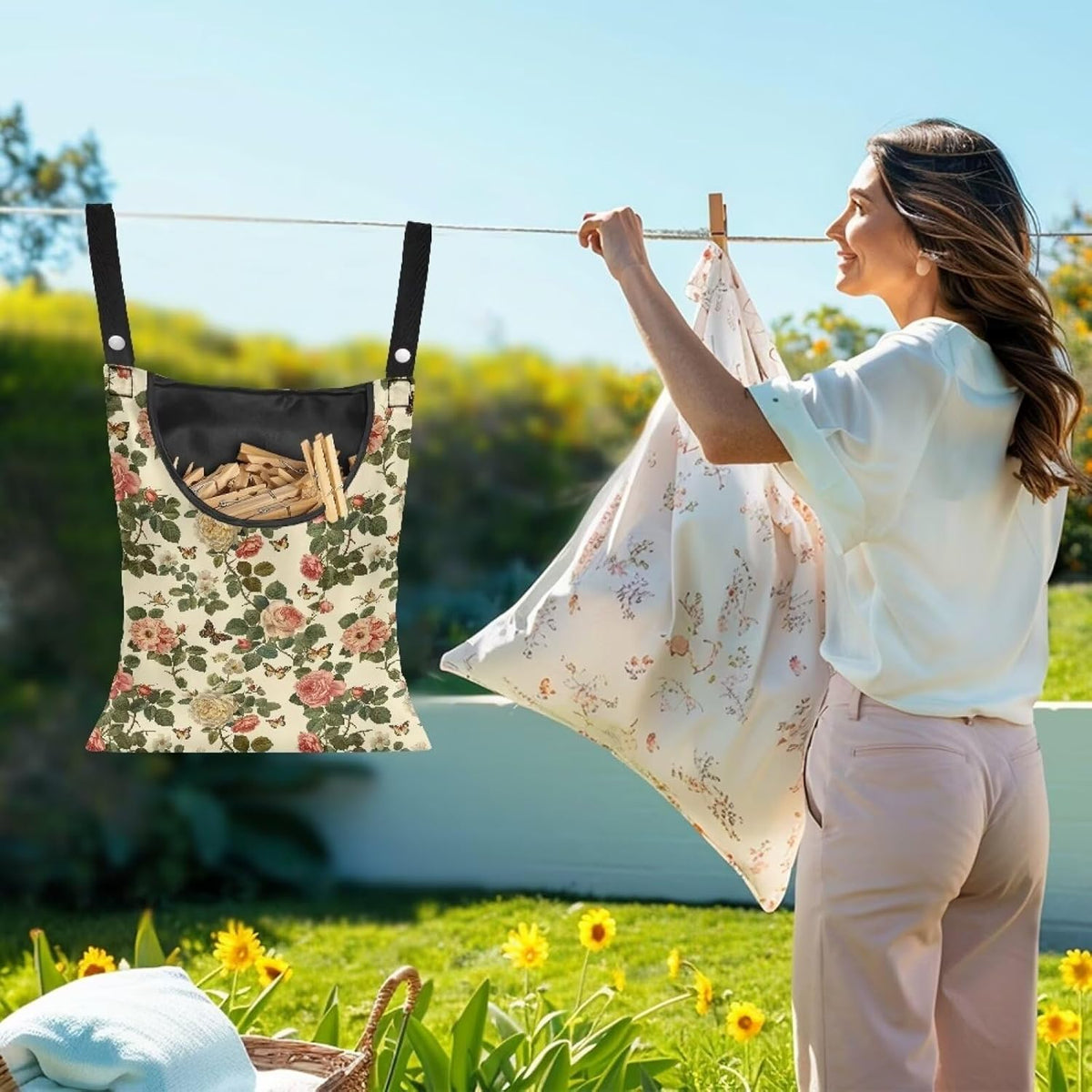 2 Pcs Floral Clothes Pin Hanging Bag with Hanging Rope 14.5 X 12 Inch Clothespin Bag for Clothes Pins and Clothespins - Heavy Duty Outdoor Use