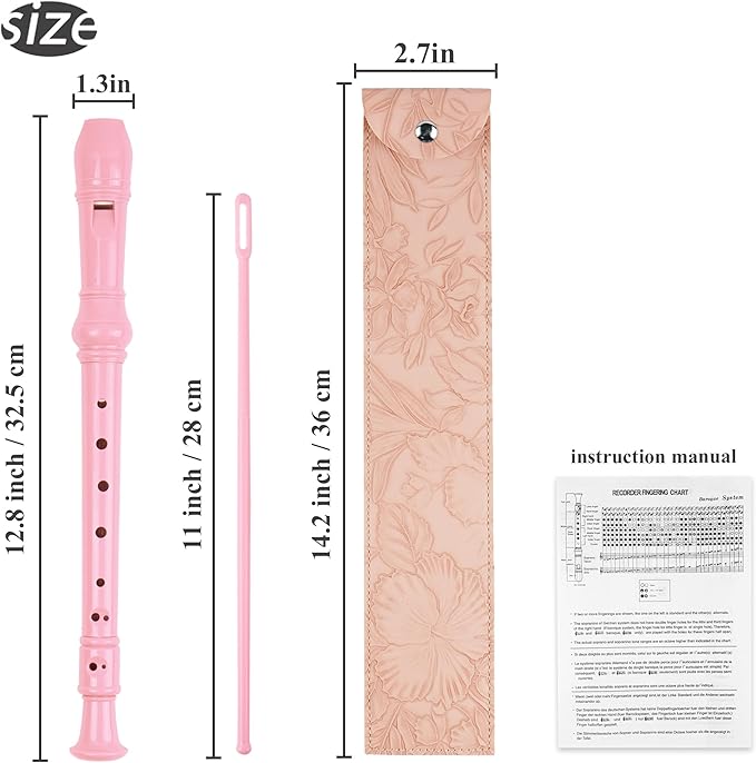 Recorder Instrument for Beginner Kids Adults,8-Hole Soprano Descant Recorder Music Flute with with Cleaning Rod & Leather Case For School Student Home Entertainment(2-Carved Pink)