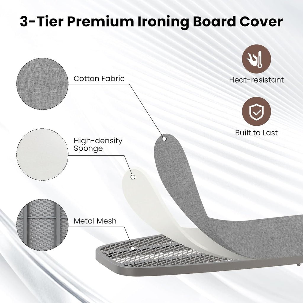 COSTWAY Over The Door Ironing Board, Space-Saving Metal Hanging Ironing Board with Iron Holder & Cotton Cover, Compact Fold Down Iron Stand for Home, Apartment, Laundry Room, Dorm, Gray