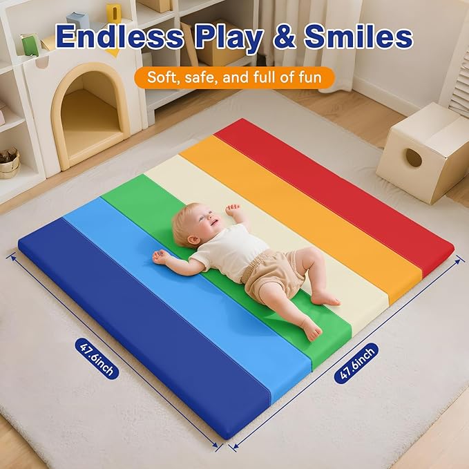 Foam Baby Play Mat: PU Leather Waterproof Kids Playmat - Trifold Floor Mat - Large Play Mat for Playpen Thick Pad Fodable Mattress Soft Toddler Mattress Infant Cushion for Preschool (Rainbow)