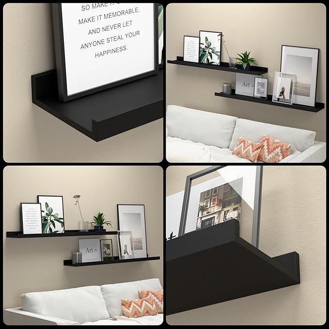 35.4 Inches Long Floating Shelves Wall Mounted, 2 Set Modern Black Wall Shelf for Bedroom, Nursery Book Shelf with Lip, Picture Ledge Shelf for Wall Decor Living Room Bathroom Kitchen- Black