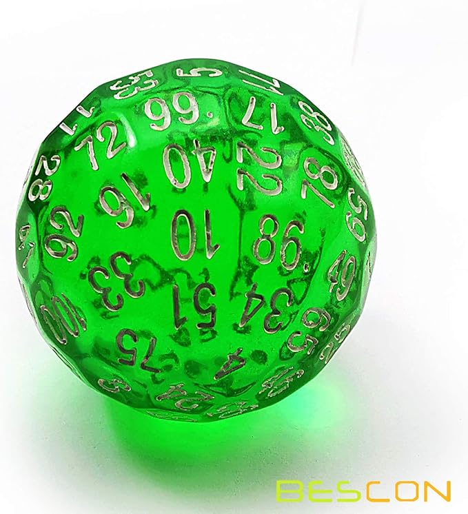 Bescon Translucent Green Polyhedral Dice 100 Sides, D100 dice, 100 Sided Cube, Transparent D100 Game Dice