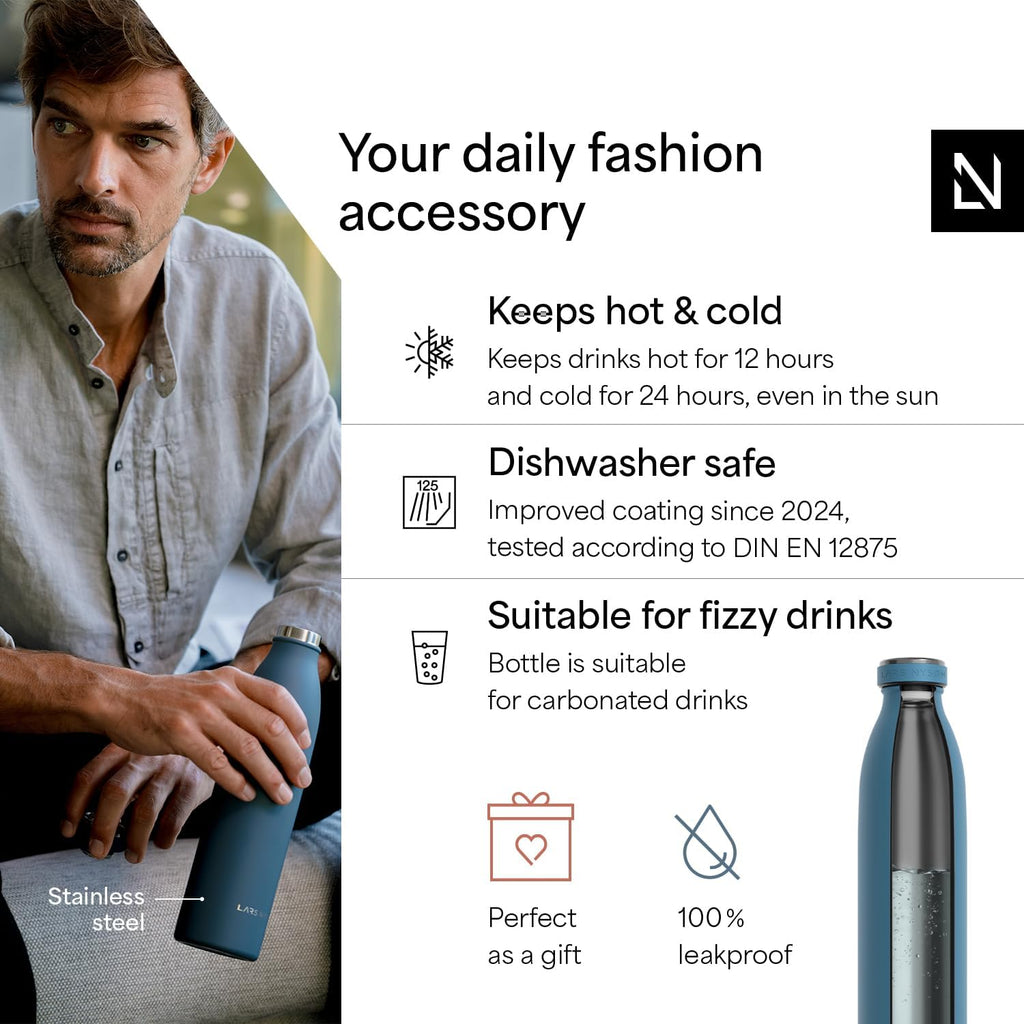 LARS NYSØM Stainless Steel Insulated Water Bottle 12oz 17oz 25oz 34oz 51oz | Insulated Thermo Flask for Hot and Cold Beverages | Leakproof Drinking Bottle (Calypso Blue, 33.9 oz)