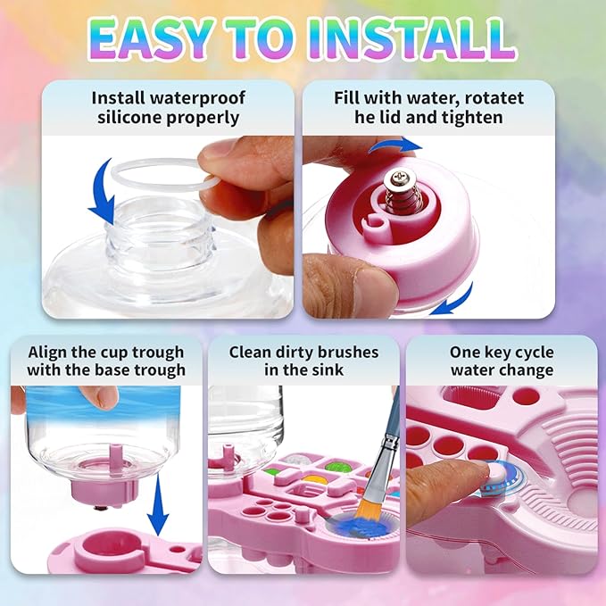 2025 Upgraded Paint Brush Cleaner Tool – All-in-One Paint Brush Washer, Rinse Cup, Holder, and Palette for Artists Beginners | Ideal Art Supplies for Watercolor & Acrylic Painting(Pink)
