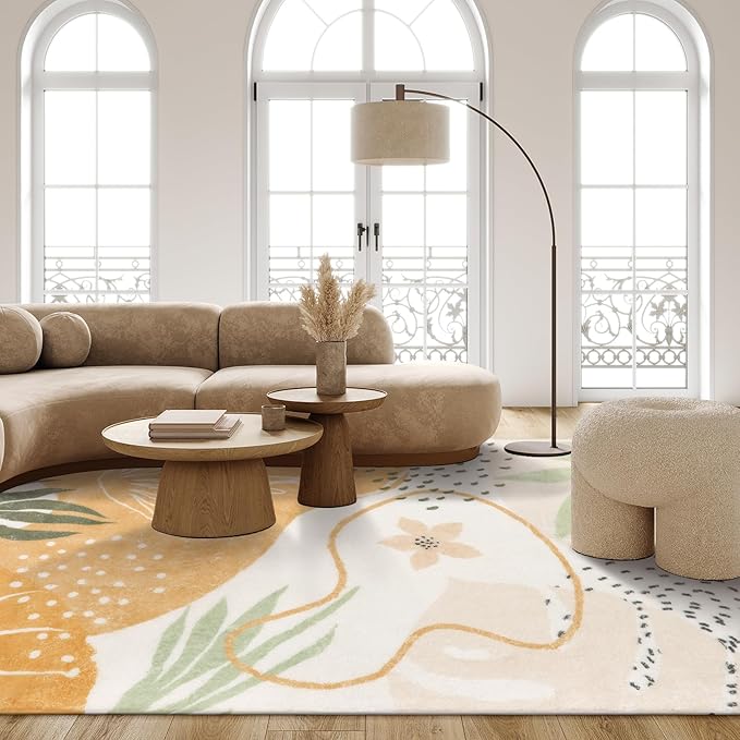 Lahome Boho Rugs for Living Room 8x10 - Washable Non-Slip Backing Large Carpet Ultra-Thin Throw Soft Bedroom Area Rug，Taupe Botanical Print Ultra-Thin Rug for Classroom Nursery Dining Room Farmhouse