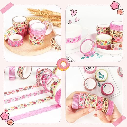 12 Rolls Donut Washi Tape Set, Candy Donuts Stars Masking Tapes, Cartoon Craft Pattern Adhesive Tapes for Planners, Scrapbook Decorating, Journal, DIY Art Crafts, Gift Wrapping 16.4Ft
