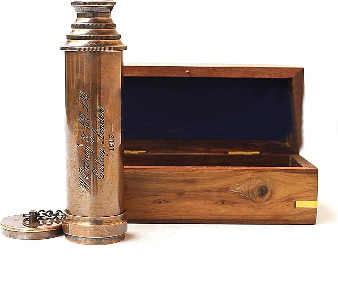 Vintage Copper Finish Telescope with Wooden Box Marine Gift London 1917