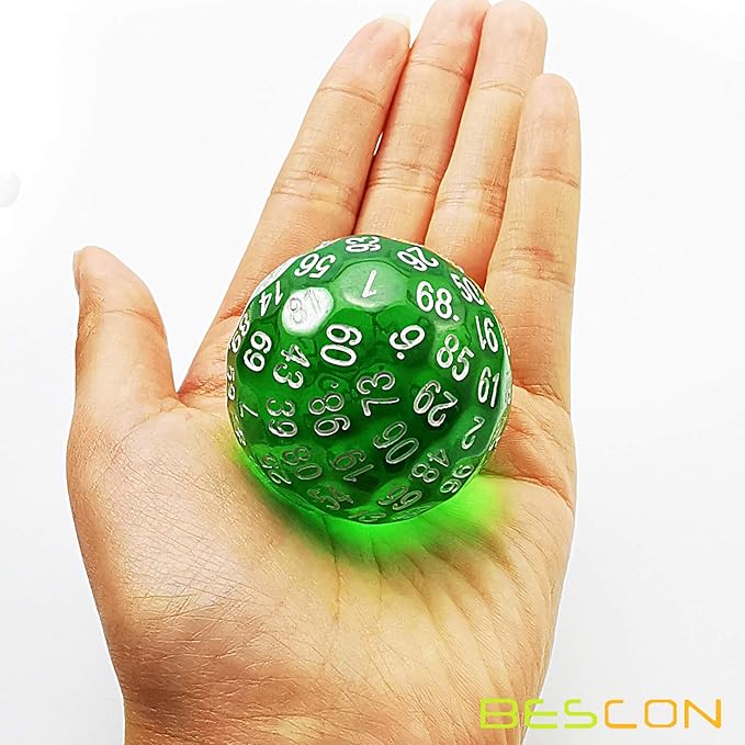 Bescon Translucent Green Polyhedral Dice 100 Sides, D100 dice, 100 Sided Cube, Transparent D100 Game Dice