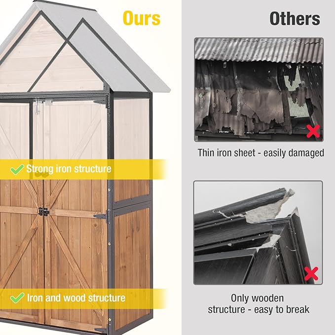 Outdoor Storage Shed,Vertical Wooden Tool Shed with Waterproof Roof,Adjustable 3 Tiers Shelves,Storage Tool Cabinet Box with Metal Frame Sloped Roof for Backyard Garden Patio Lawn (Brown)