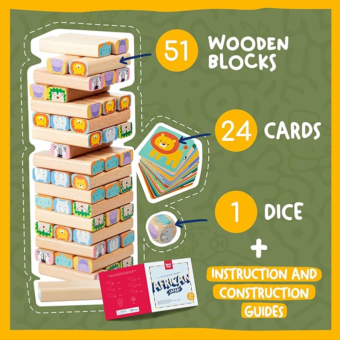 Nene Toys Wooden Block Stacking Game – 4-in-1 Tumble Tower Family Board Game with Building Blocks, Cards and Dice – African Safari Educational Wooden Toy for Kids 3-9 Years Old About Animals