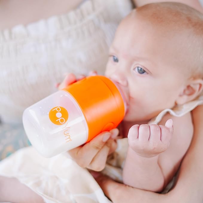 PopYum Orange Formula Making Baby Bottle Starter Set, 4-Pack, 2X 5oz Bottles with #1 Slow Flow Nipples + 2X 9oz Bottles with #2 Medium Flow Nipples