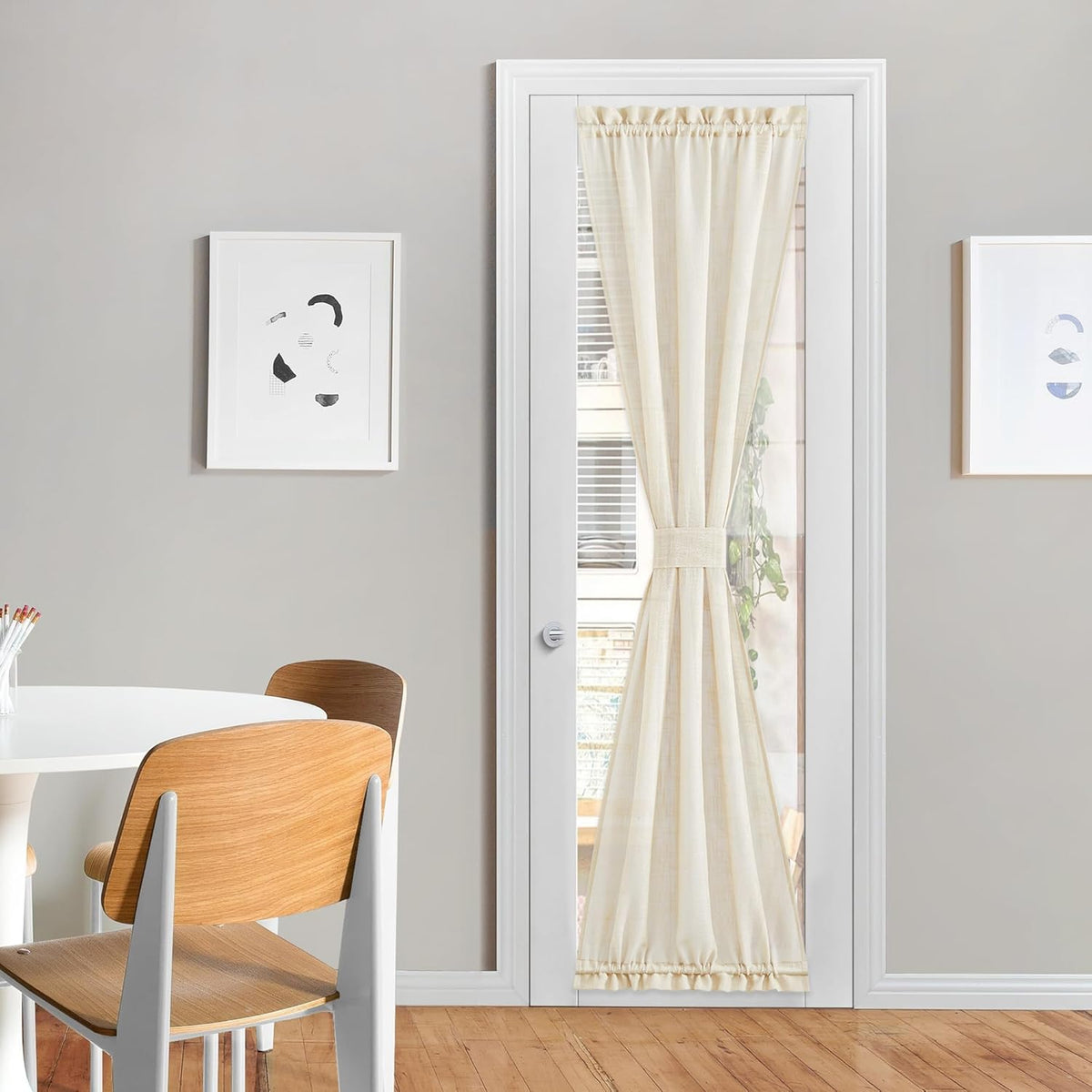 NICETOWN 80 Inches Length Door Curtains with Tieback for Window, Farmhouse Linen Texture Sidelight Semi-Sheer Window Covering French Door Curtains for Closet Doorway, 1 Panel, 26" Wide, Bieg