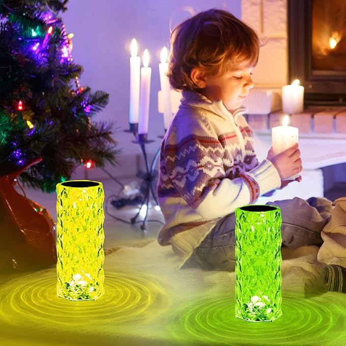 VoMii 2 Pack Crystal Lamp Touch, RGB 16 Colors Changing Night Light, Rechargeable Crystal Table Lamp Bedside Lamp, Cordless Rose Diamond Battery Night Light, for Bedroom/Party/Dinner/Decoration
