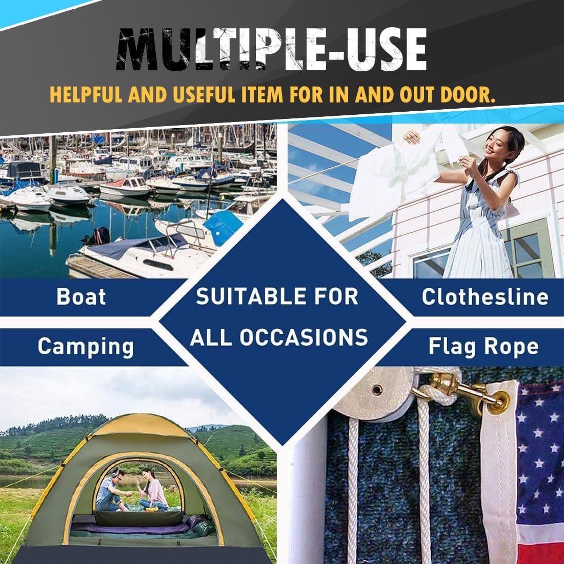 PerkHomy Cotton Rope 3/16" (5mm) 100 ft Multi Purpose Utility Diamond Braided Cord, Natural Cotton for Clothes Line Camping Crafting Flag Pole, Blue