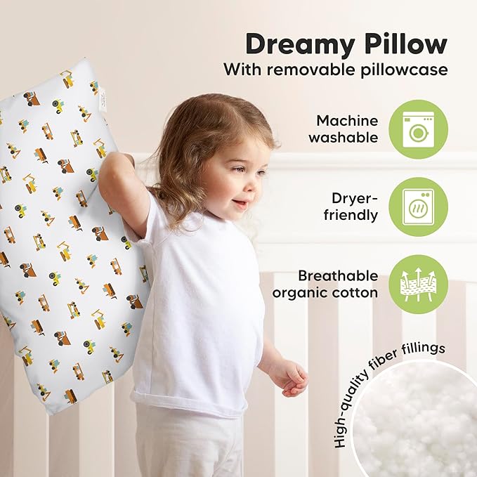 KeaBabies Toddler Pillow with Pillowcase, Jumbo 14X20 - Soft Organic Cotton Toddler Pillows for Sleeping - Machine Washable - Perfect for Travel, Toddler Bed Set (Construction)