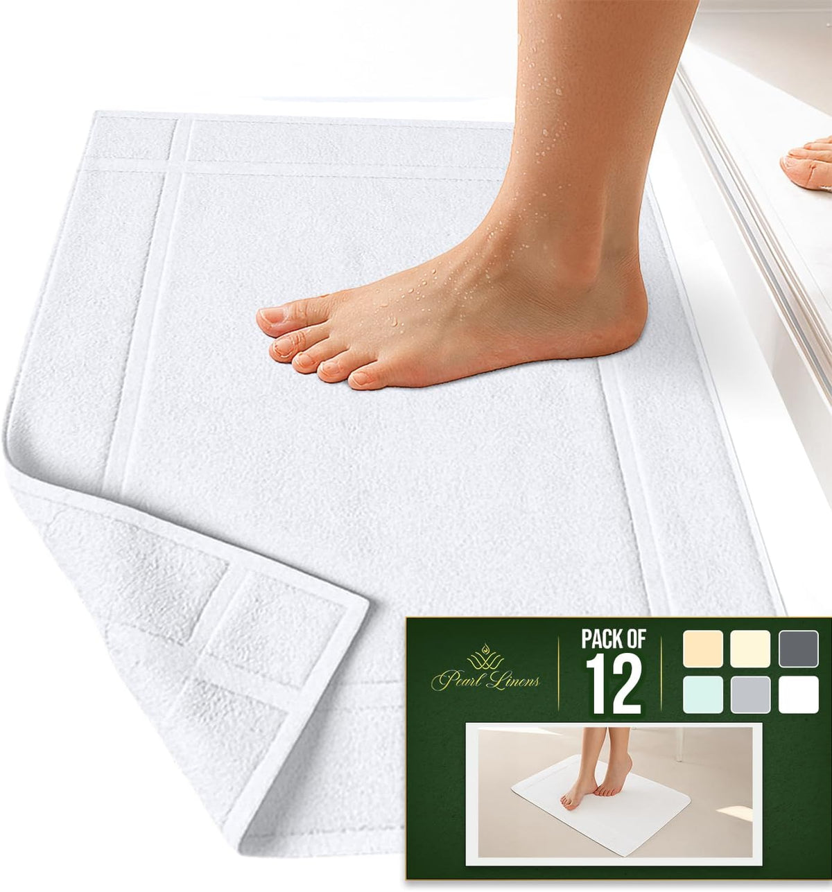 Pearl Linens Pack of 12 100% Cotton Bath Mat 20x30 inches, Soft & Absorbent Quick Dry Bathroom Mat Set, Not Bathroom Rugs, After Shower Mat, Bath Tub Mat, 687 GSM, Machine Washable, White
